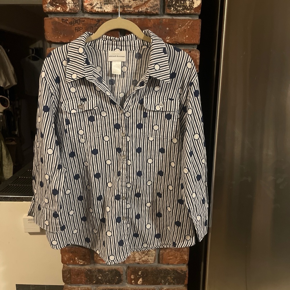 Alfred Dunner Navy and White Polka Dot Striped Shirt